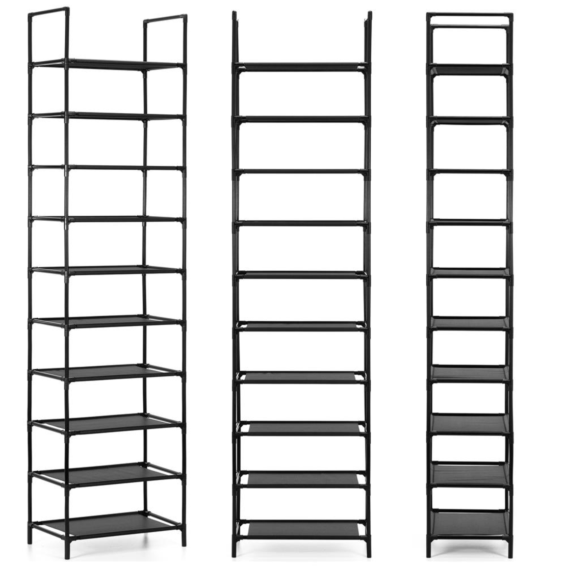 Raft pantofi inalt cu 10 polite, structura metalica si rafturi textile, 45x28x178 cm, negru