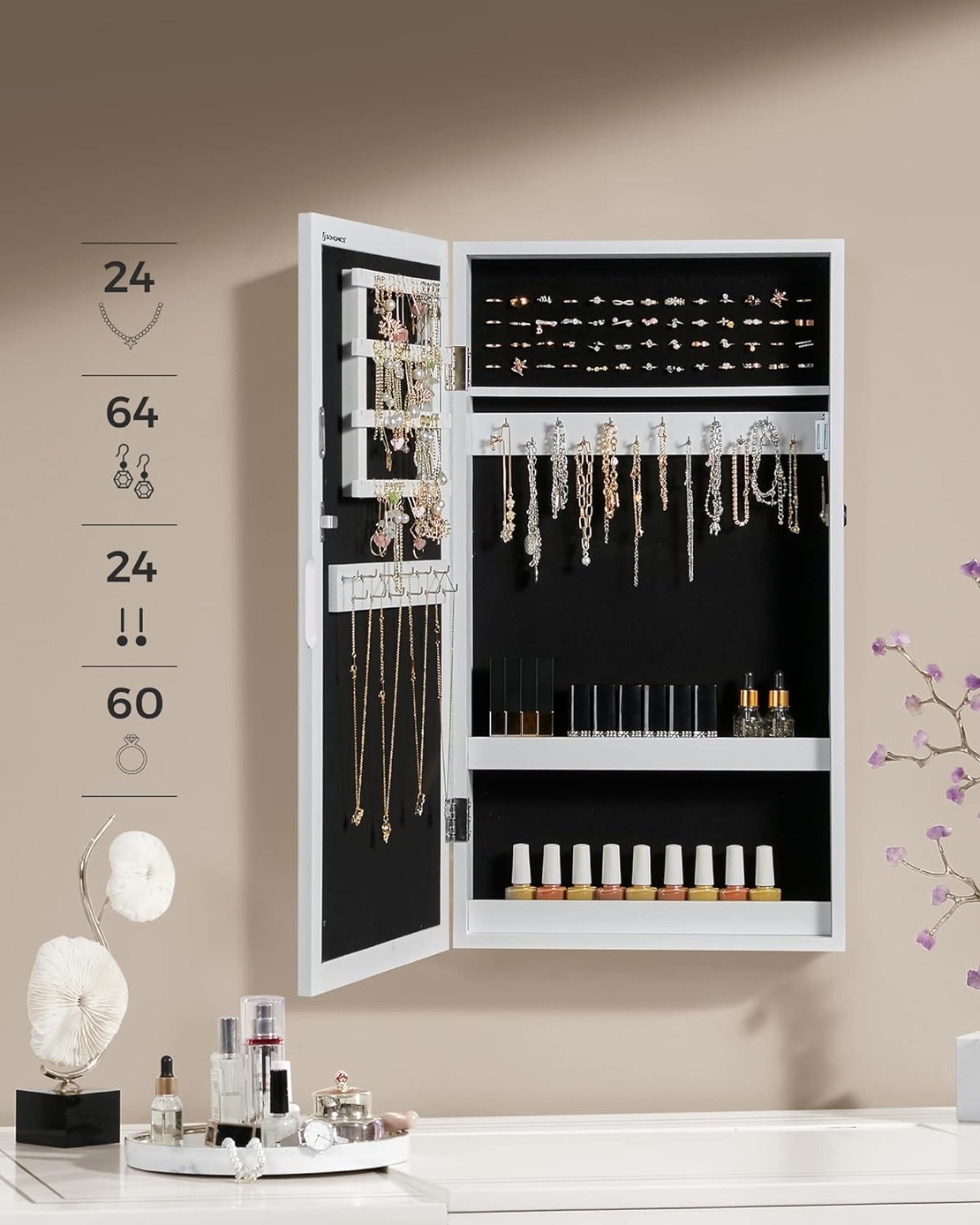 SONGMICS Dulap de bijuterii cu oglinda, montare pe perete, incuietoare, 37x11x67cm, alb