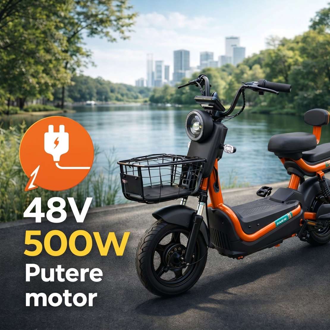 Scuter Electric KG, Saige, Fara Permis, Motor 500W, Baterie 48V20Ah, Autonomie 60km, 153x40x85 cm, Viteza Maxima 25km/h, Portocaliu