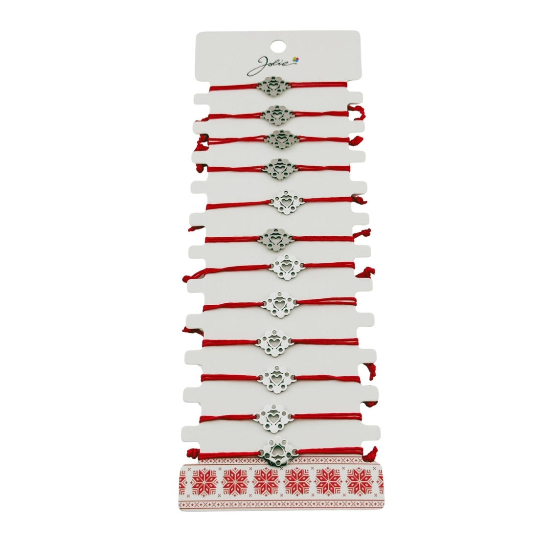 Bratara Martisor pentru Dama, Jolie, Model Inima in Floare, Set 12 bucati, Pandativ Argintiu din Inox cu Snur Rosu Ajustabil