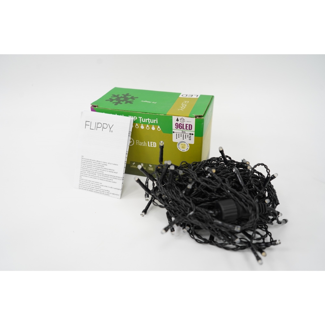 Instalatie de Craciun Flippy® Tip Turturi, Franjuri cu Flash, Sectiune 3 m, 96 LED-uri, Interconectabila, Fir Negru, Alb Cald