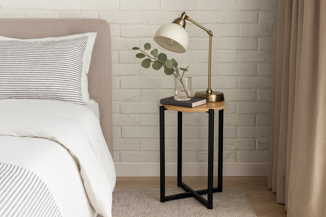 Masuta rotunda tip noptiera, baza metalica, 29x42 cm, design minimalist, negru