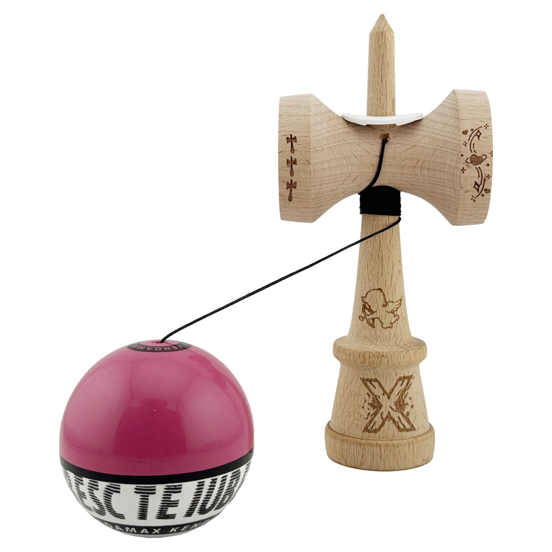 Kendama X TE IUBESC Originala, Profesionala, Flippy, Super Sticky cu Cupe Mari KING SIZE V3, Gaura in Baza, Rulment Metalic, din lemn 18 cm, Ata