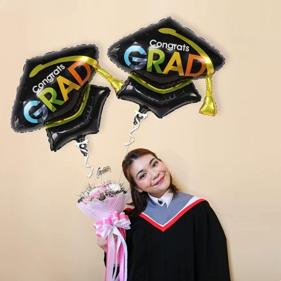 Balon din Folie Metalizata, Flippy, Figurina, Model Toca Congrats Grad, Tematica Absolvire, 66x66 cm, Ambalaj Individual, Pai Inclus, Umflare cu Aer sau Heliu, Negru
