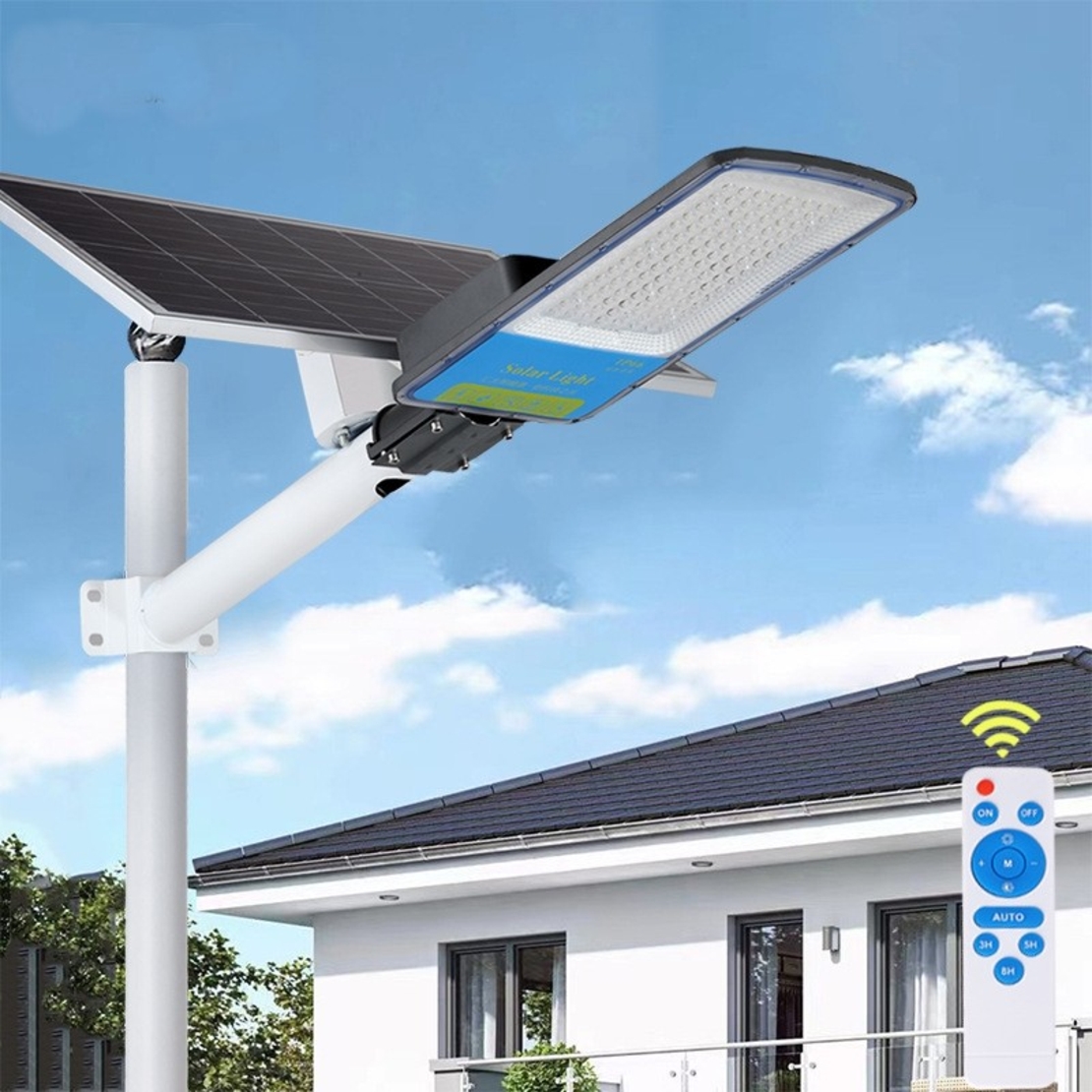 Lampa solara stradala Flippy, IP66, senzor de lumina, 120 LED-uri SMD, 1800 lm, panou 20W, putere 100W, autonomie 12-16 ore, telecomanda, montare prin fixare, pentru strada sau gradina, finisaj mat, material ABS, 49 x 21 x 5.5 cm, gri
