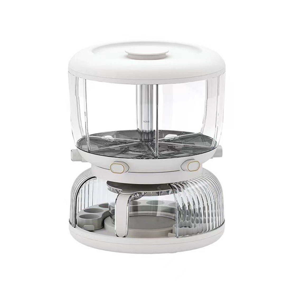 Dozator etajat de cereale Flippy, rotativ 360, 6 compartimente, capacitate 10L, cofrag special pentru oua, vas pentru scurgerea cerealelor, 35x27.5 cm, alb