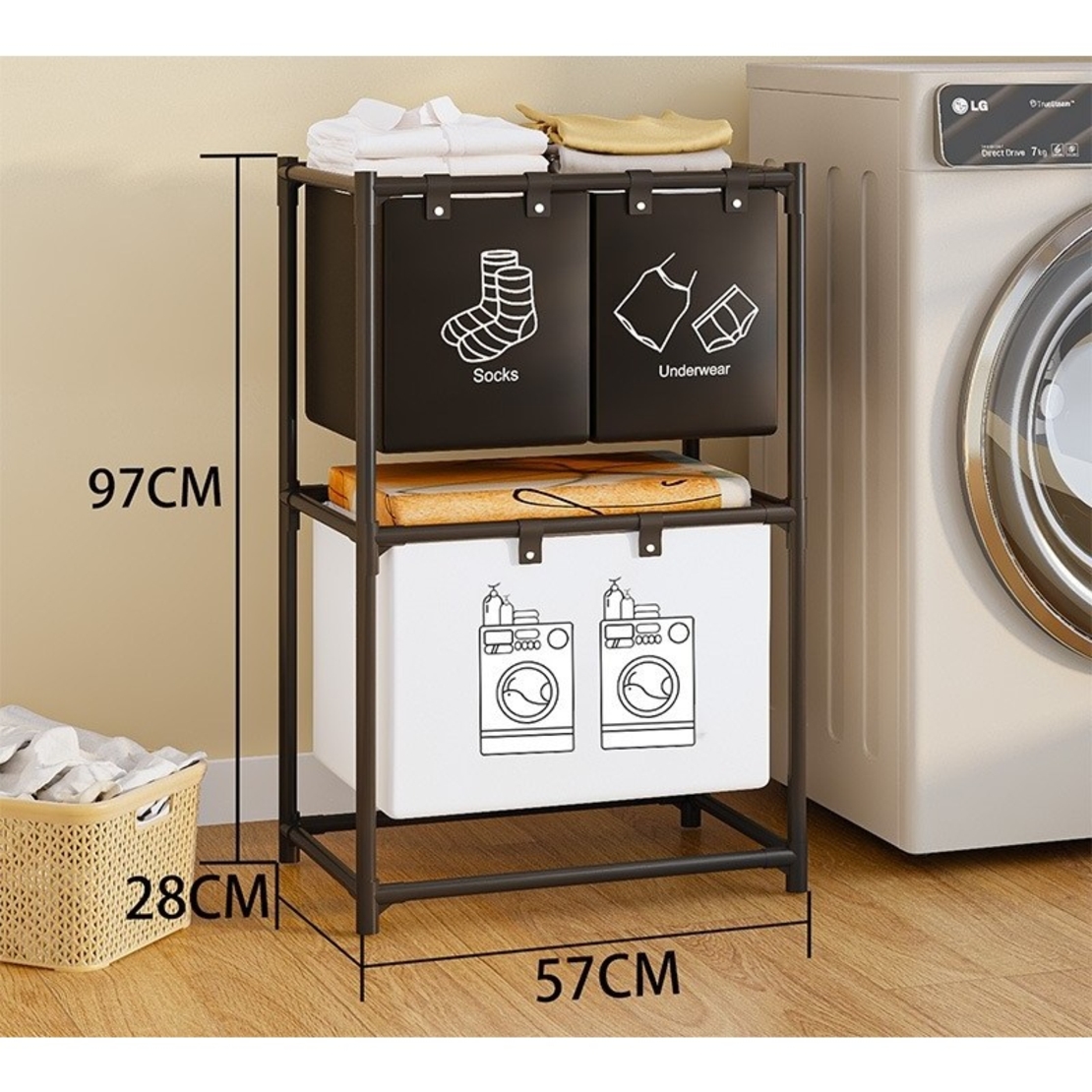 Cos de Rufe, Flippy, cu 2 Etaje, 3 Cosuri, Cadru de Otel Inoxidabil, 97x28x57 cm, Negru