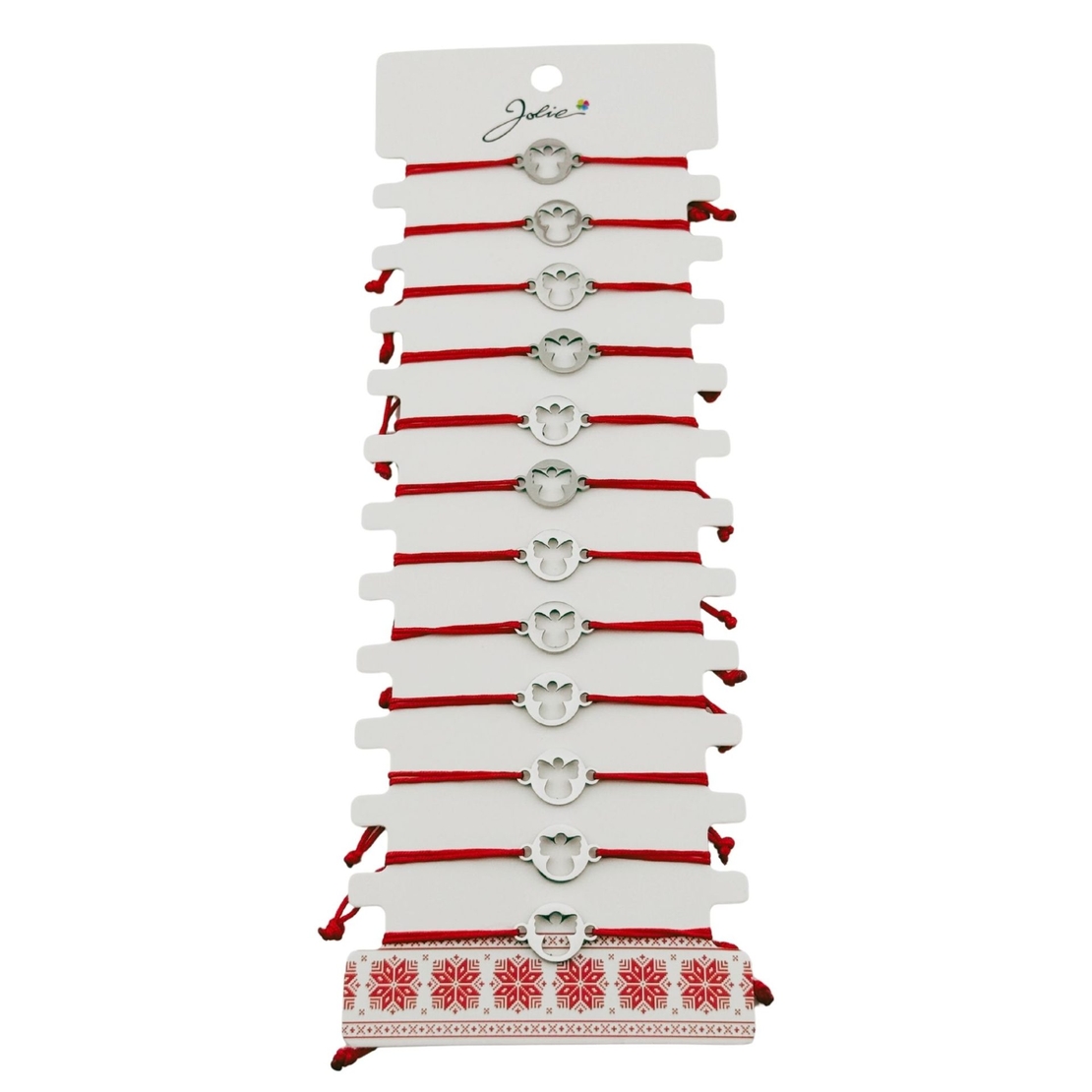 Bratara Martisor pentru Dama, Jolie, Model Inger in Cerc, Set 12 bucati, Pandativ Argintiu din Inox cu Snur Rosu Ajustabil