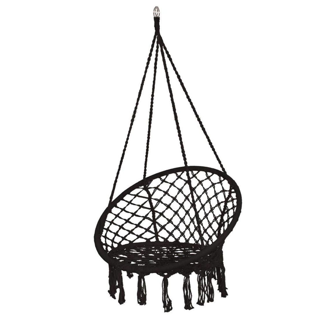 Scaun rotund tip leagan suspendat pentru casa sau gradina, cu franjuri, 150kg, negru