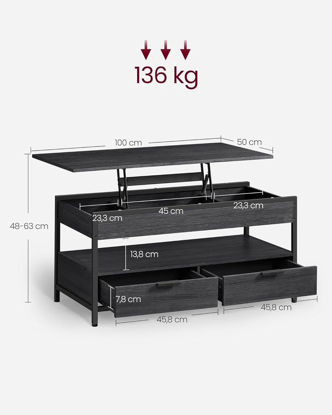 VASAGLE Masuta de cafea cu blat reglabil pe inaltime, cu sertare si spatii de depozitare, stil industrial, 100x50x63 cm, gri antracit