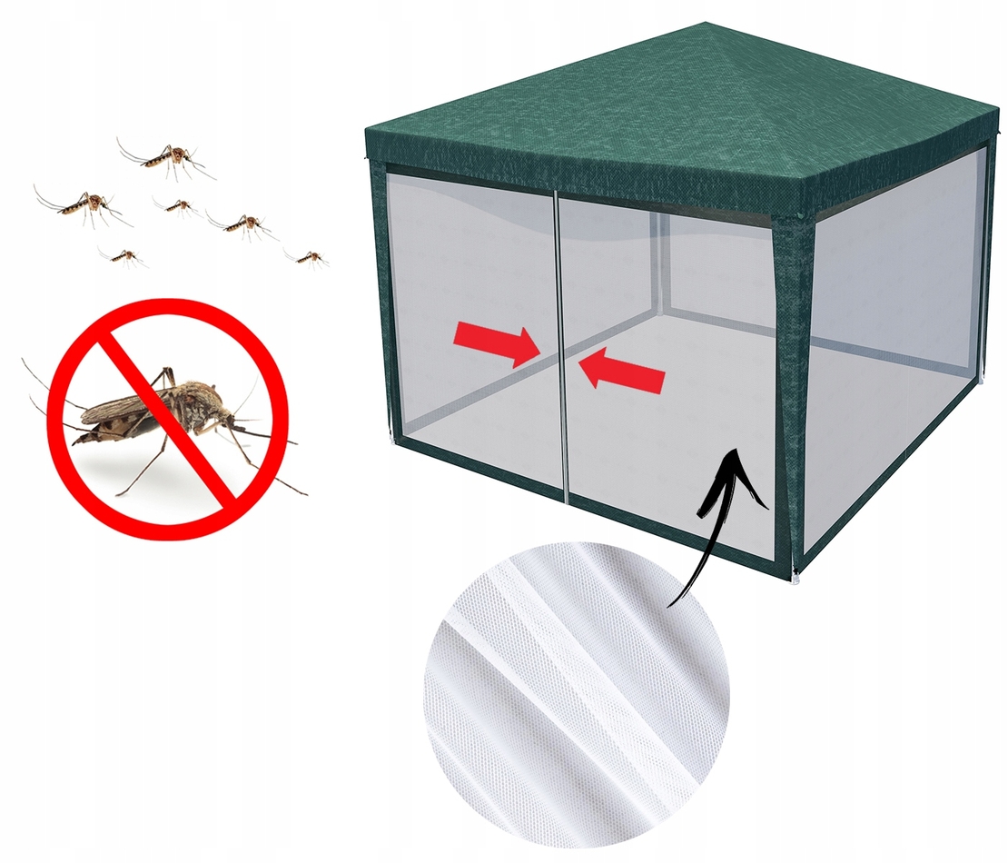 Pavilion cu plasa anti-insecte si fermoar, patrat, 3x3m, Verde