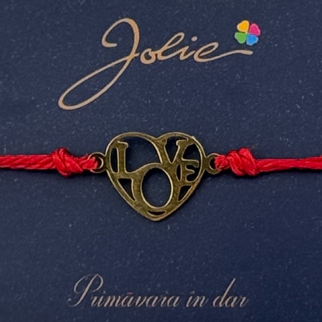 Martisor Bratara Primavara, Textil si Inox, Jolie, Snur Rosu, Model Inima Love, Auriu