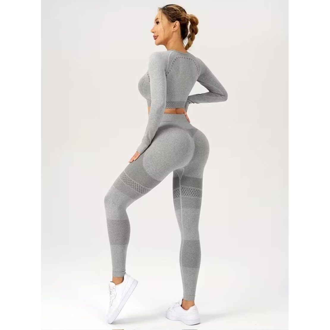 Costum Sport de Dama, Flippy, pentru Yoga, Talie Inalta, Top Scurt, Elastic, Gri, Marime S