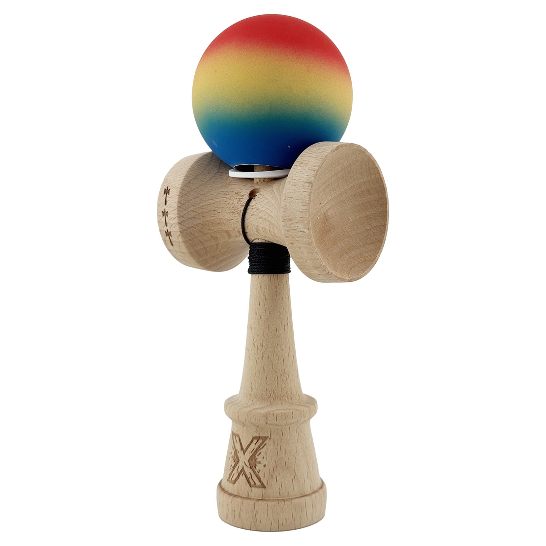 Kendama X Originala, Profesionala, Flippy, Cupe Mari KING SIZE V3, Rubber Grip, Gaura in Baza, Rulment Metalic, din lemn 18 cm, Ata 62/65 cm, Gradient Rosu/Galben/Albastru