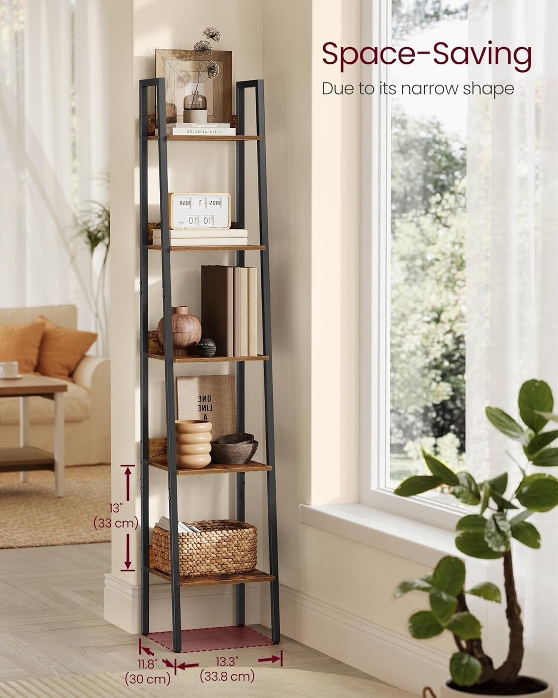 VASAGLE Biblioteca tip scara cu 5 rafturi, design industrial, cadru metalic si rafturi din PAL, 34x30x170 cm, maro rustic