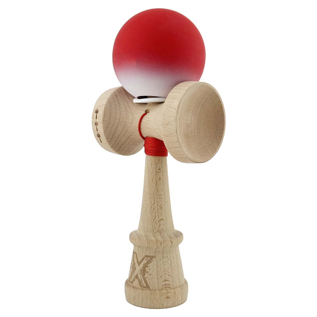 Kendama X Originala, Profesionala, Flippy, Cupe Mari KING SIZE V3, Rubber Grip, Gaura in Baza, Rulment Metalic, din lemn 18 cm, Ata 62/65 cm, Gradient Rosu/Alb