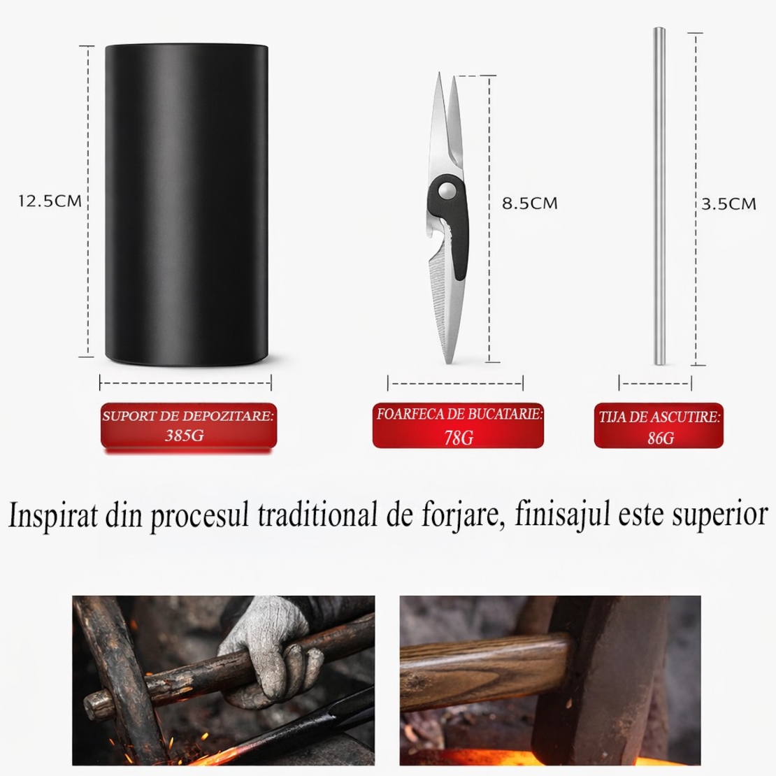 Cutite Bucatarie, Set 9 Piese, Vafy, Otel Inoxidabil cu Acoperire Antiaderenta, Suport Depozitare Inclus, 6 Cutite, Tija Ascutire si Foarfeca Bucatarie, 31 x 10 x 10 cm, Negru