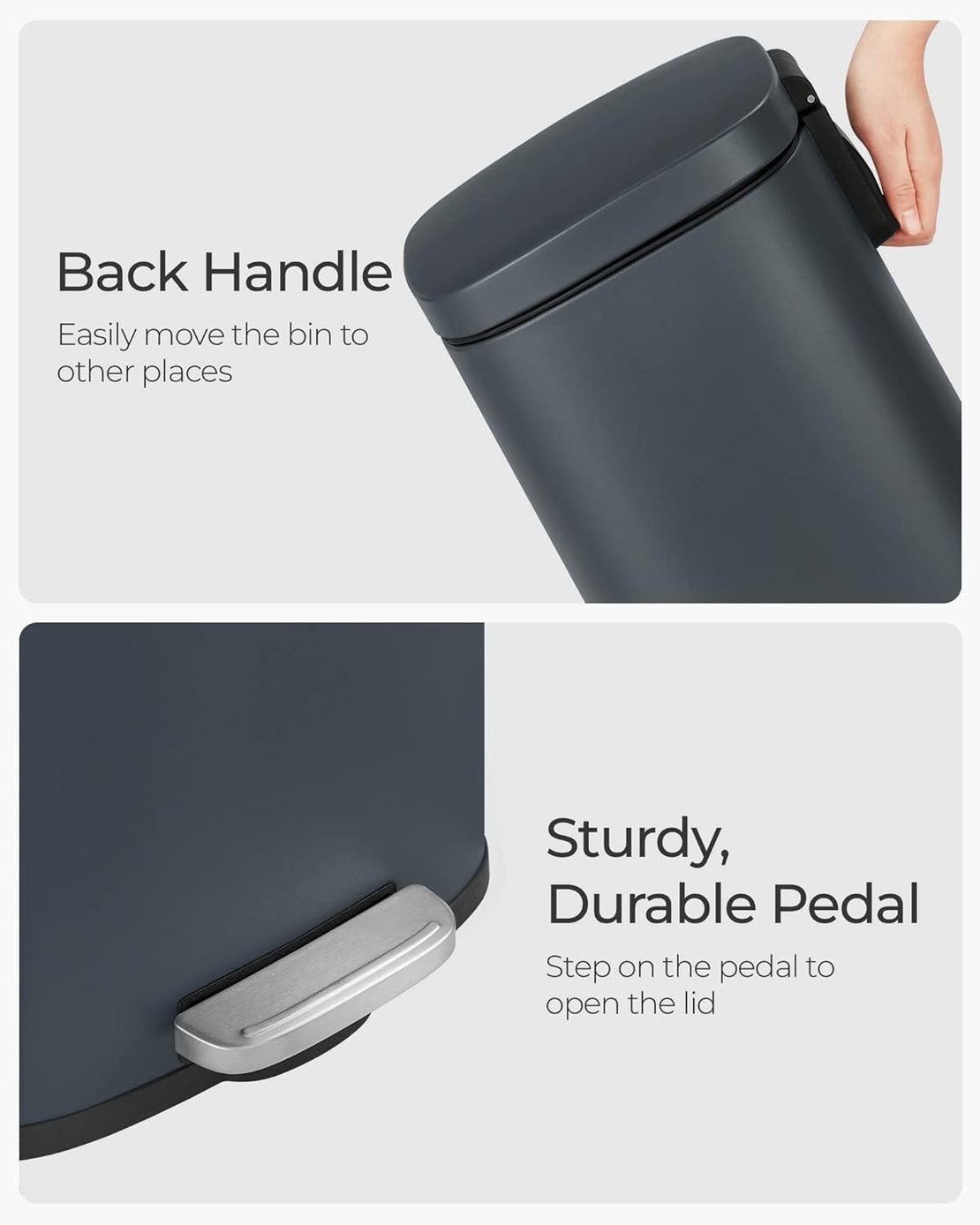 SONGMICS Cos de gunoi din otel cu pedala, galeata interioara plastic, capac inchidere lenta, 30L, 35x30x63cm, gri inchis