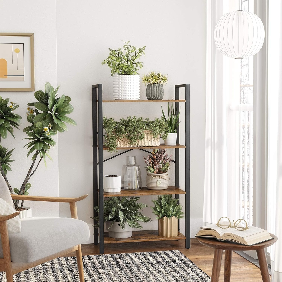 VASAGLE Biblioteca cu 4 etaje din lemn, cadru otel, stil industrial, 66x30x120cm, maro rustic