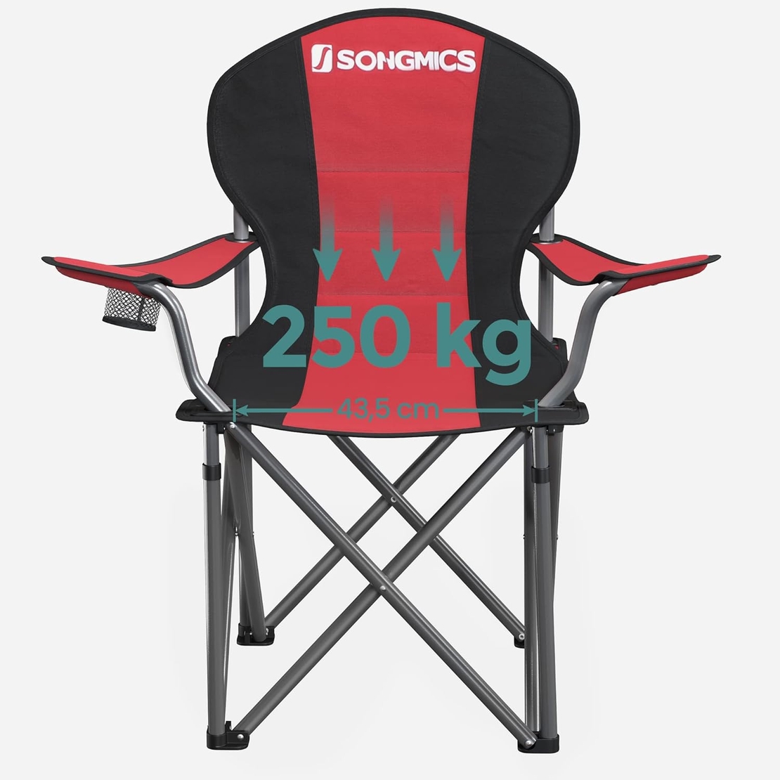 SONGMICS Scaun pliabil camping cu sezut buretat, suport bauturi, husa transport, 250 kg, 90x55x102 cm, rosu