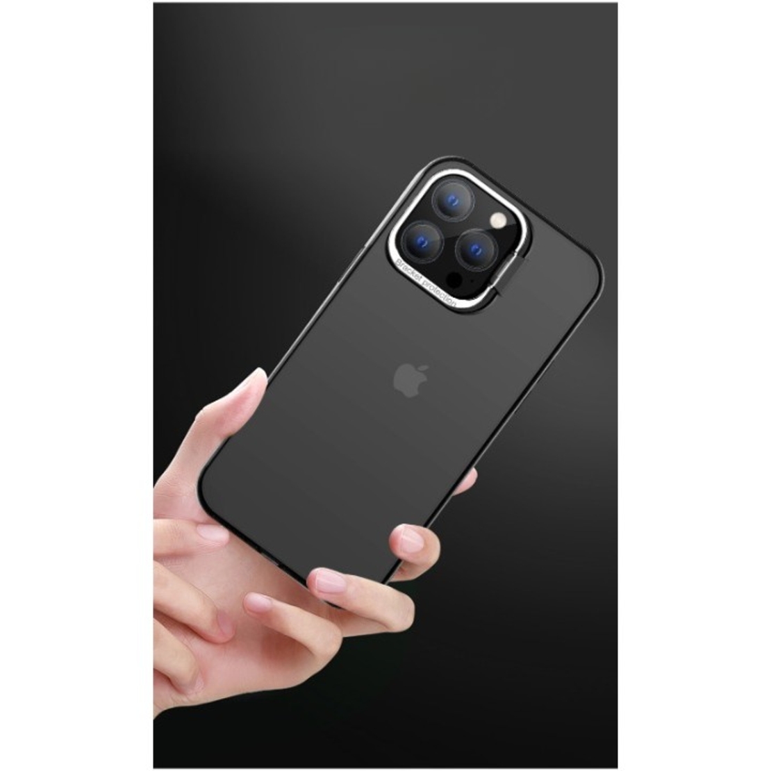 Husa de protectie pentru iPhone 14 Pro Max, cu suport metalic pentru camera, Bracket Series, Vafy, Protectie Antisoc, PC mat, silicon moale pe margini, Negru
