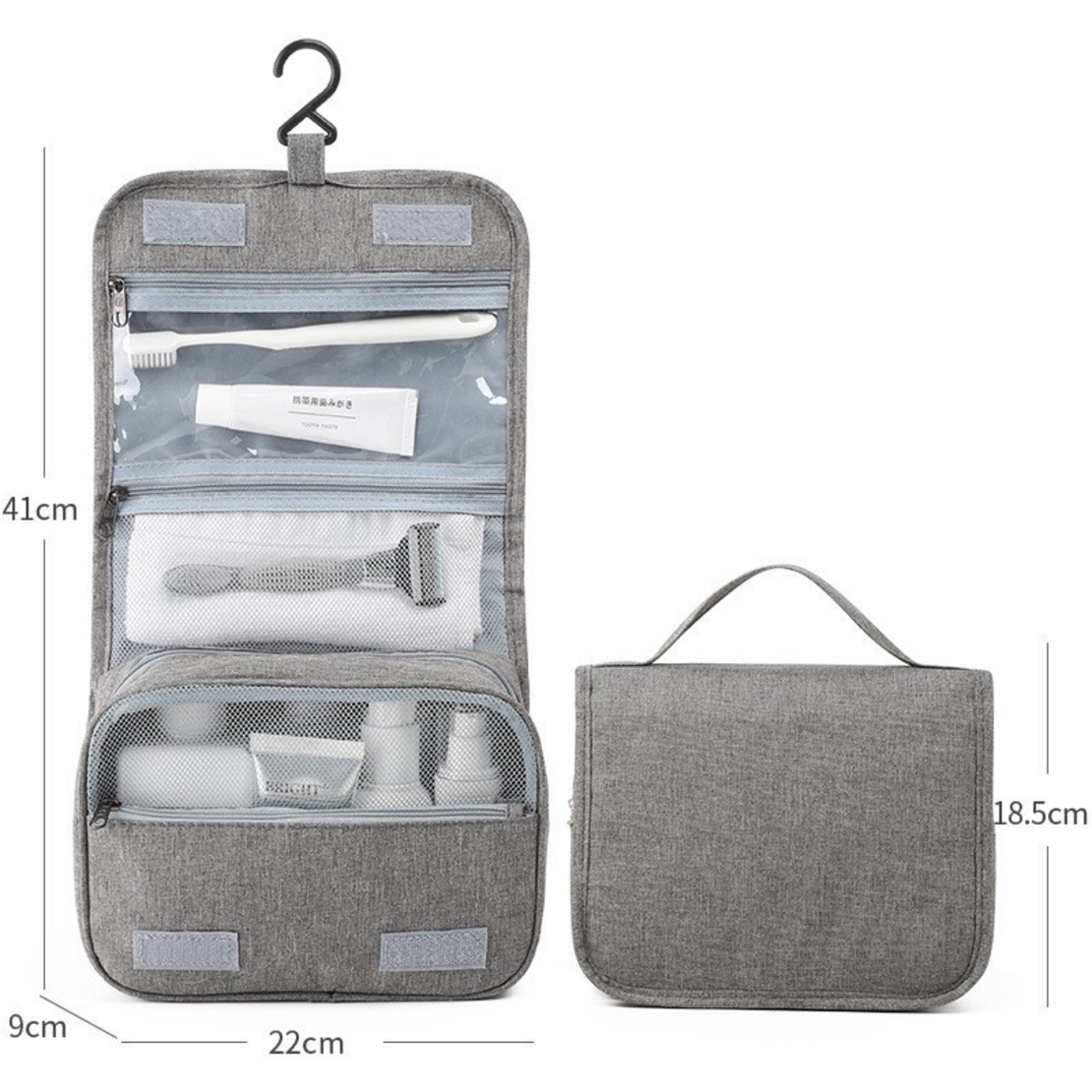 Geanta cosmetice voiaj, Flippy, material panza, impermeabil, 3 compartimente, cu agatatoare, Gri, 47 x 28 x 20 cm
