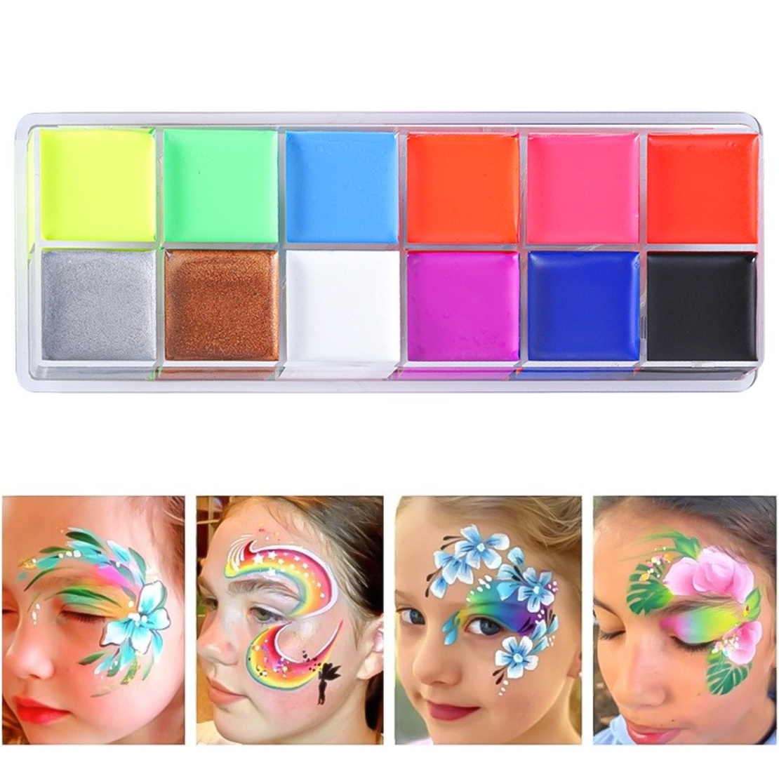 Paleta de Vopsea pentru Fata si Corp, Flippy, 12 Culori, Vopsea pe Baza de Ulei, 5.7 x 16 x 1 cm, Multicolor