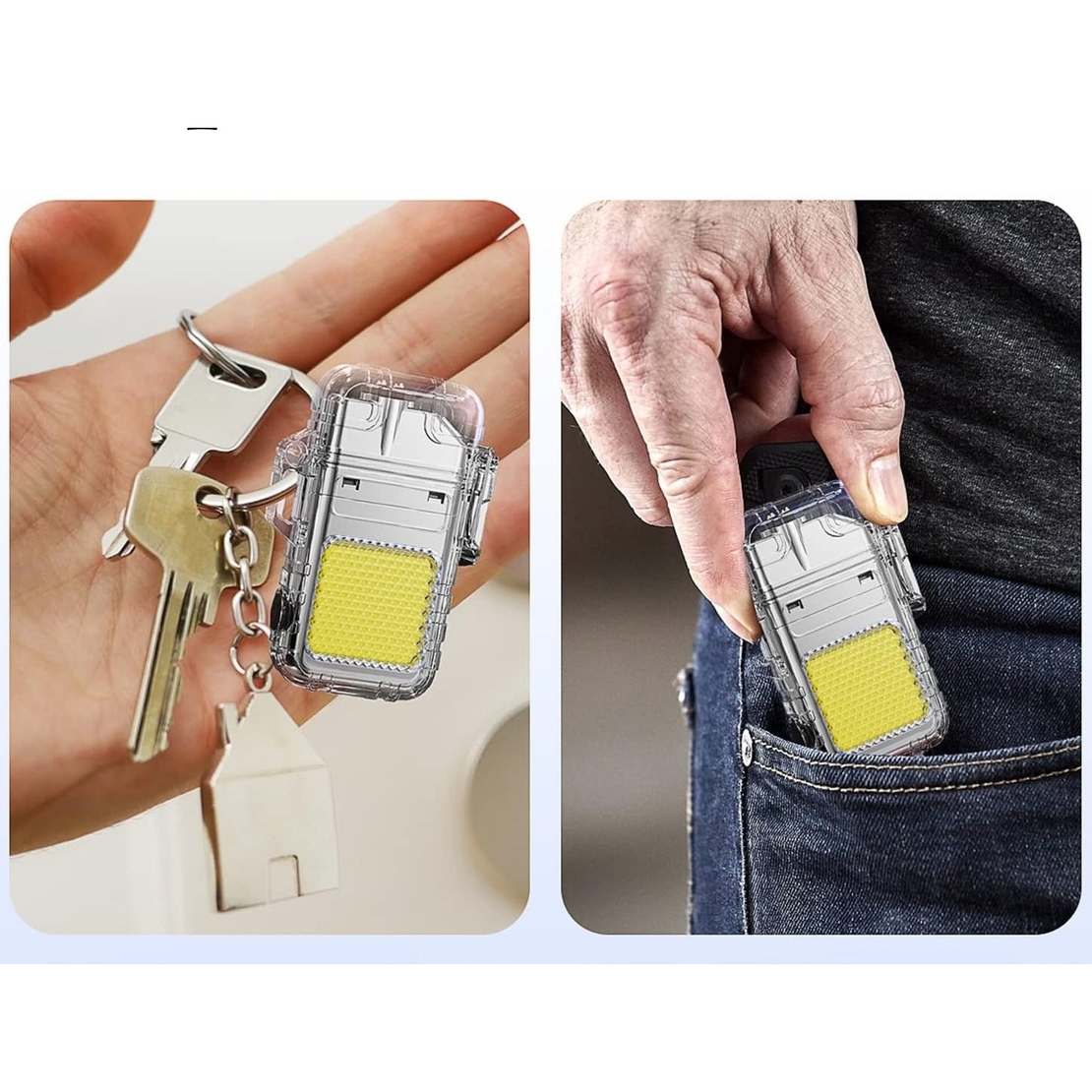 Lanterna Tip Breloc cu Bricheta, Vafy, Impermeabila, 3 Moduri Iluminare, 300 mAh, Incarcare USB-C, COB, Raza de Actiune 50 - 100 m, 7.4 x 4.9 x 1.7 cm, Argintiu