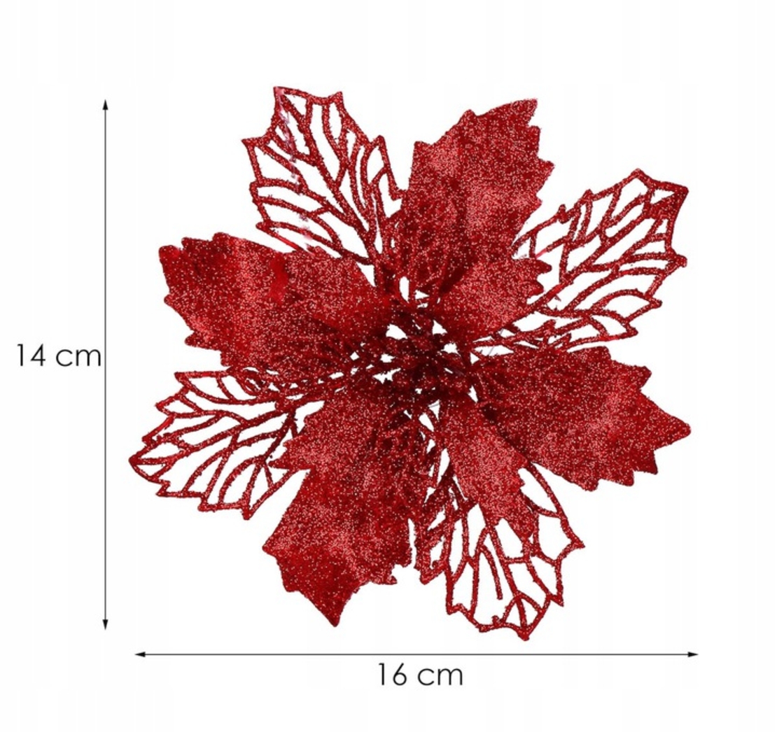 Set 10 ornamente pentru bradul de Craciun, stea Poinsettia, 16cm, visiniu