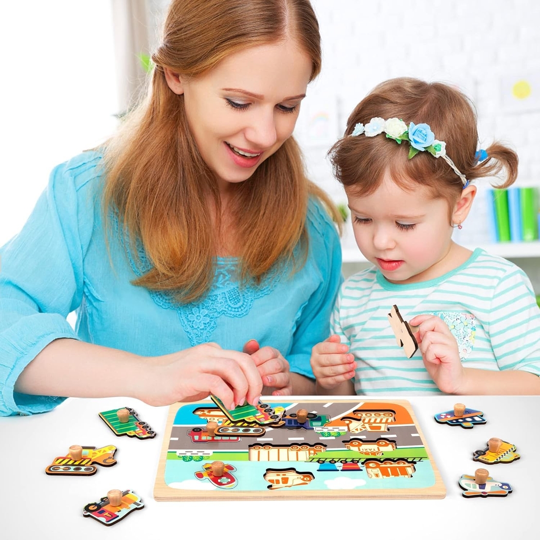 Puzzle Montessori din Lemn pentru Copii, Flippy, 0-3 Ani, 3D, Model Transporturi, Educativ, Intuitiv, Creativ, 9 Piese, 30x22.5x0.8 cm, Multicolor