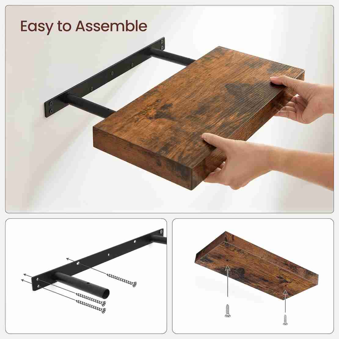 VASAGLE Raft de perete suspendat plutitor, MDF, sistem montare inclus, 40x20x4cm, vintage maro
