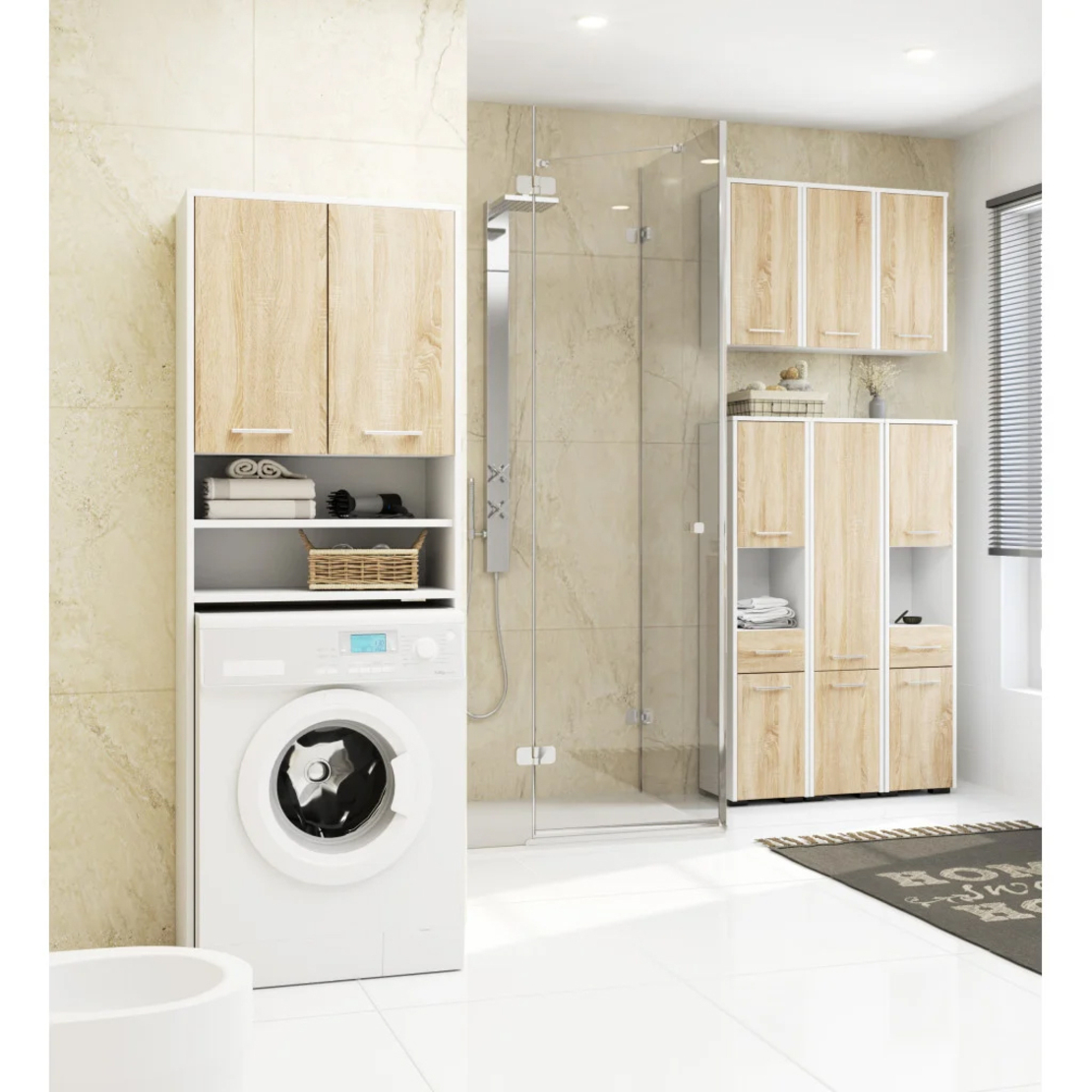 Dulap baie suspendat, cu 2 usi si 2 rafturi deschise, PAL 16 mm, 64x30x94 cm, alb si stejar sonoma