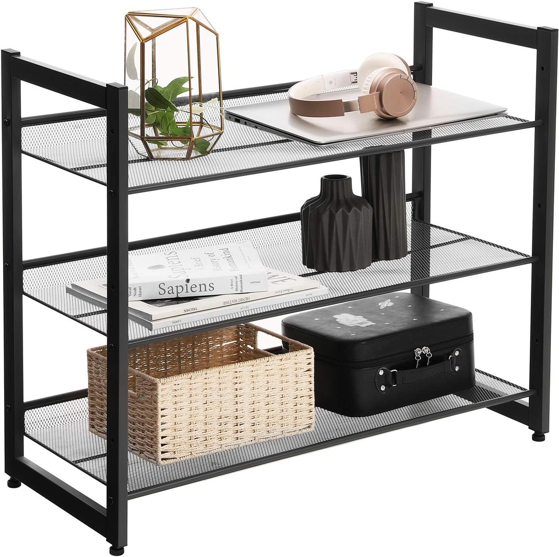 SONGMICS Raft de depozitare pantofi pe 3 niveluri, metal, rafturi plate sau unghiulare reglabile, 31x74x63cm, negru