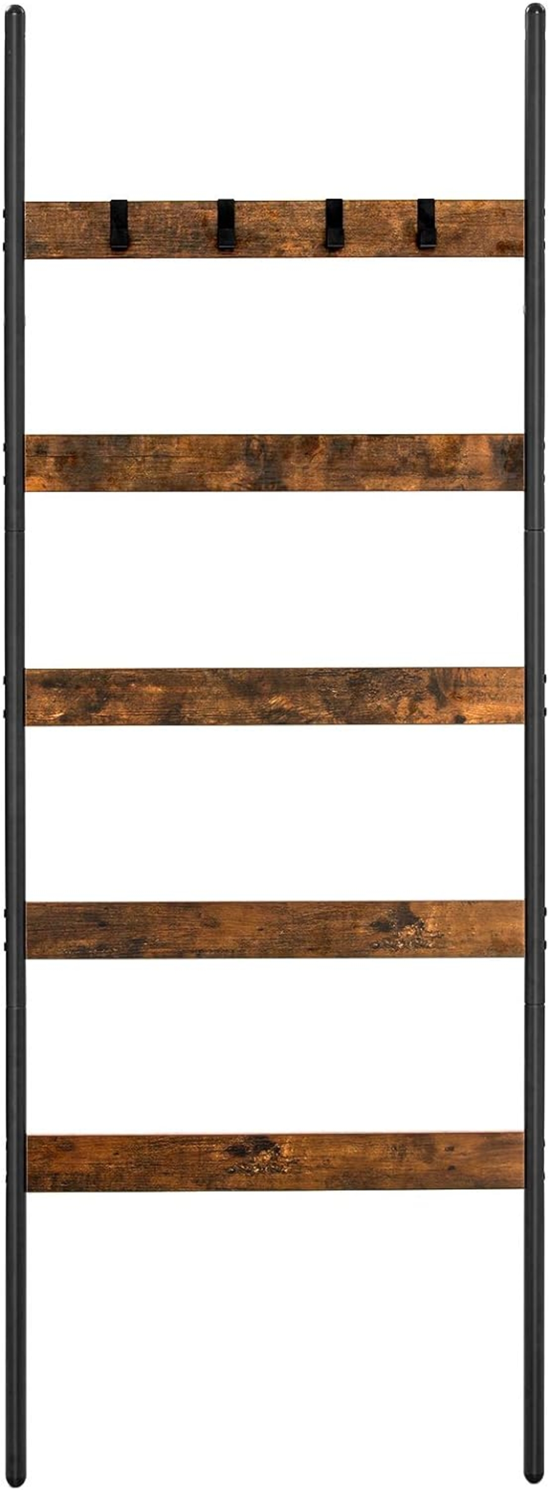 VASAGLE Cuier baie tip scara inclinata, cadru din otel cu 5 nivele, agatatori detasabile, 65x178cm, maro rustic si negru