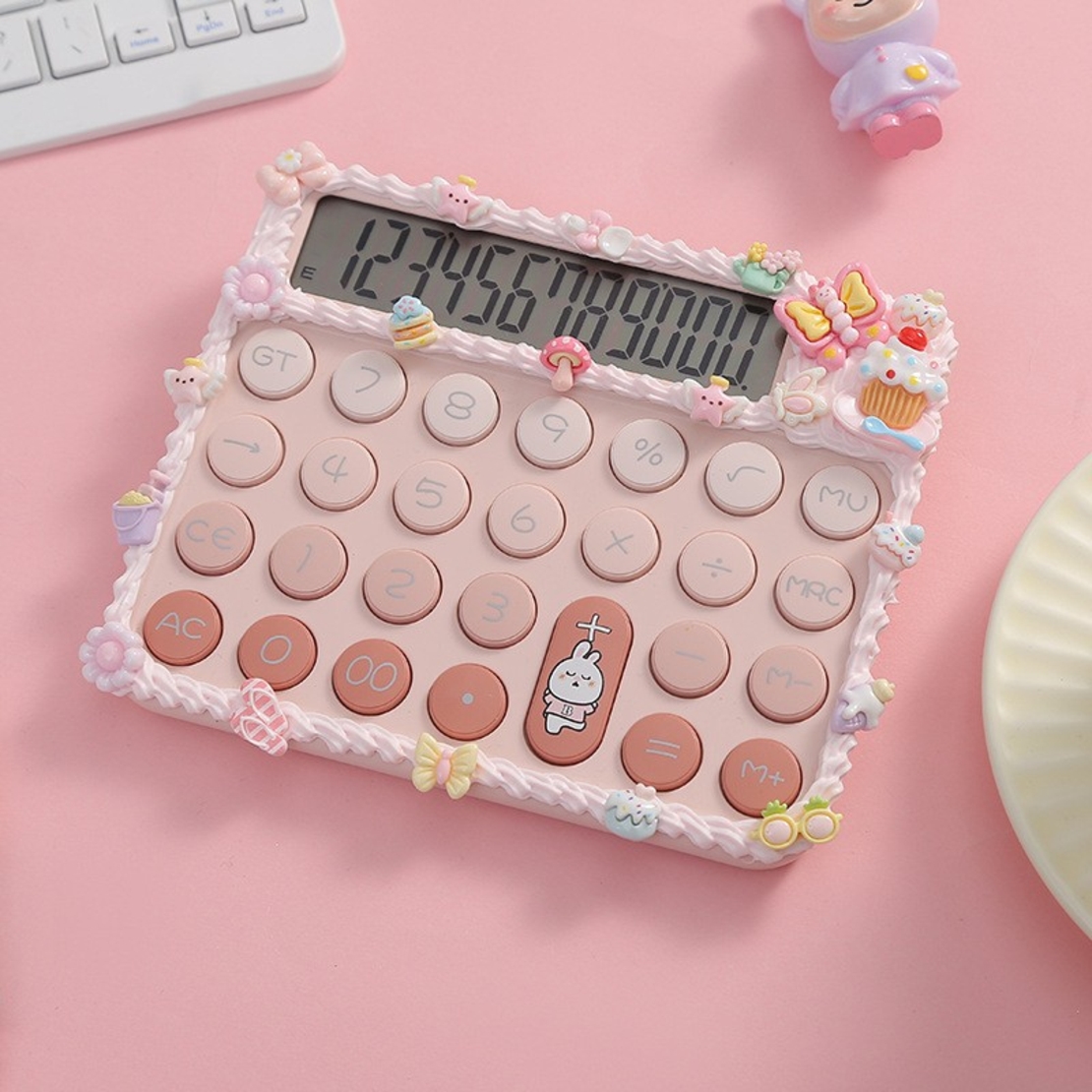 Calculator Electronic pentru Fete, Vafy, Calculator Dragut pentru Scoala Primara, Ecran mare 12 digits si Tastatura Mecania, 15 x 12.5 cm, Decor cu elemente 3D pentru Fete, Roz