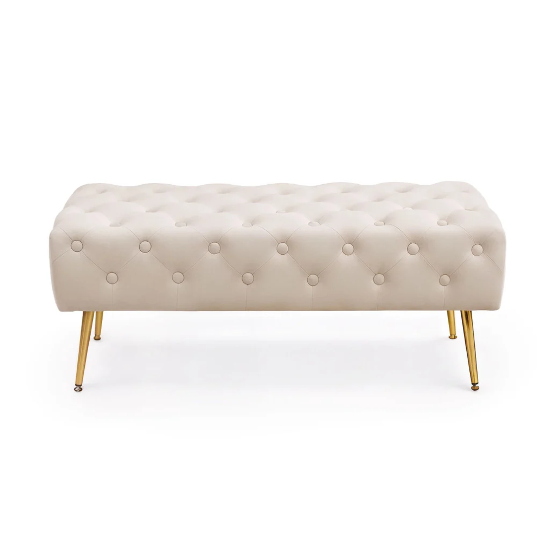 Taburet Monaco, tapitat cu catifea, tip banca, cu picioare metalice, 100x42x41 cm, bej