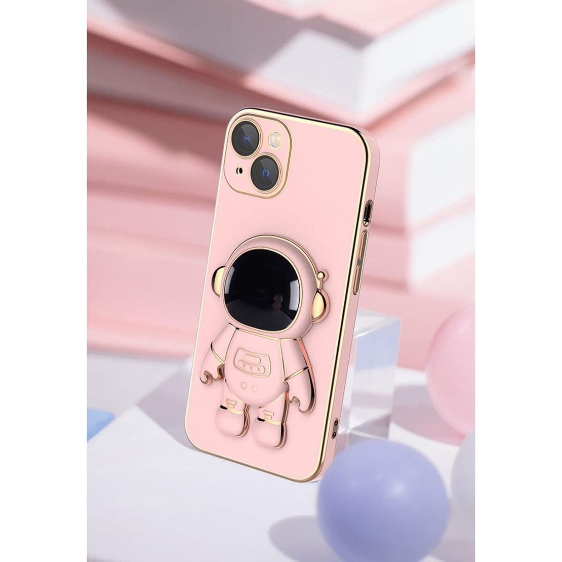 Husa de Protectie TPU 2in1, Vafy, pentru Apple iPhone 15, Astronaut cu Suport, Antisoc, Rezistenta la Impact, Protectie Camera, Roz