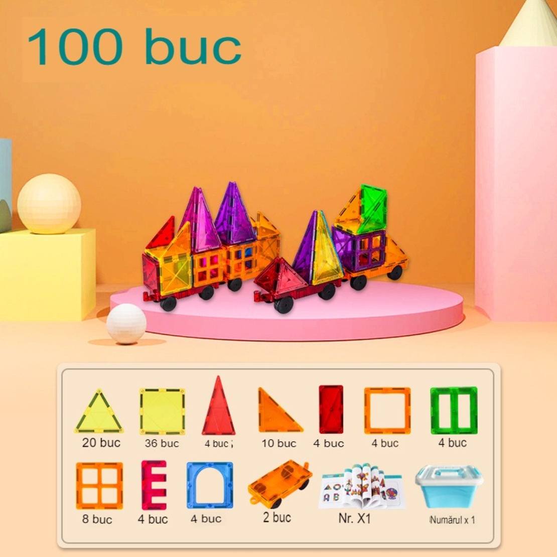 100-piece magnetic building block set, Flippy, magnetic bricks, large, geometric shapes, 3 years old, ABS, magnets, 27.5*21.5*17 cm, multi-color