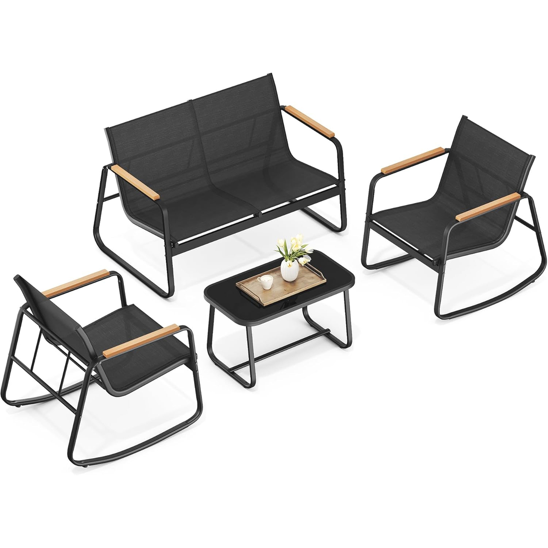 SONGMICS Set mobilier gradina 4 locuri, 2 scaune balansoar, canapea si masa, cadru metalic, negru