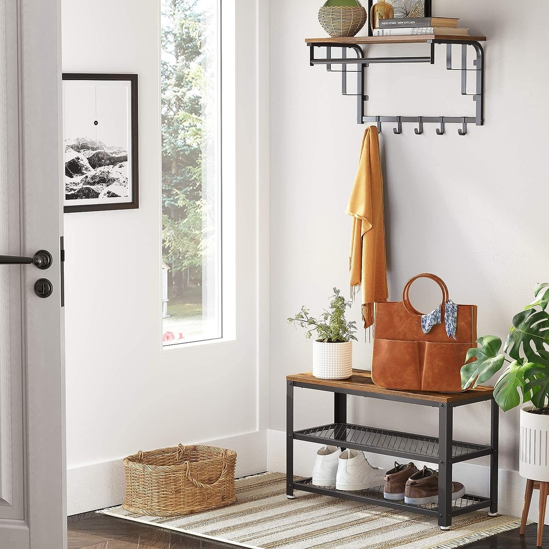 VASAGLE Raft pentru pantofi cu 2 polite, 73x30x45cm, otel, stil industrial, maro rustic si negru