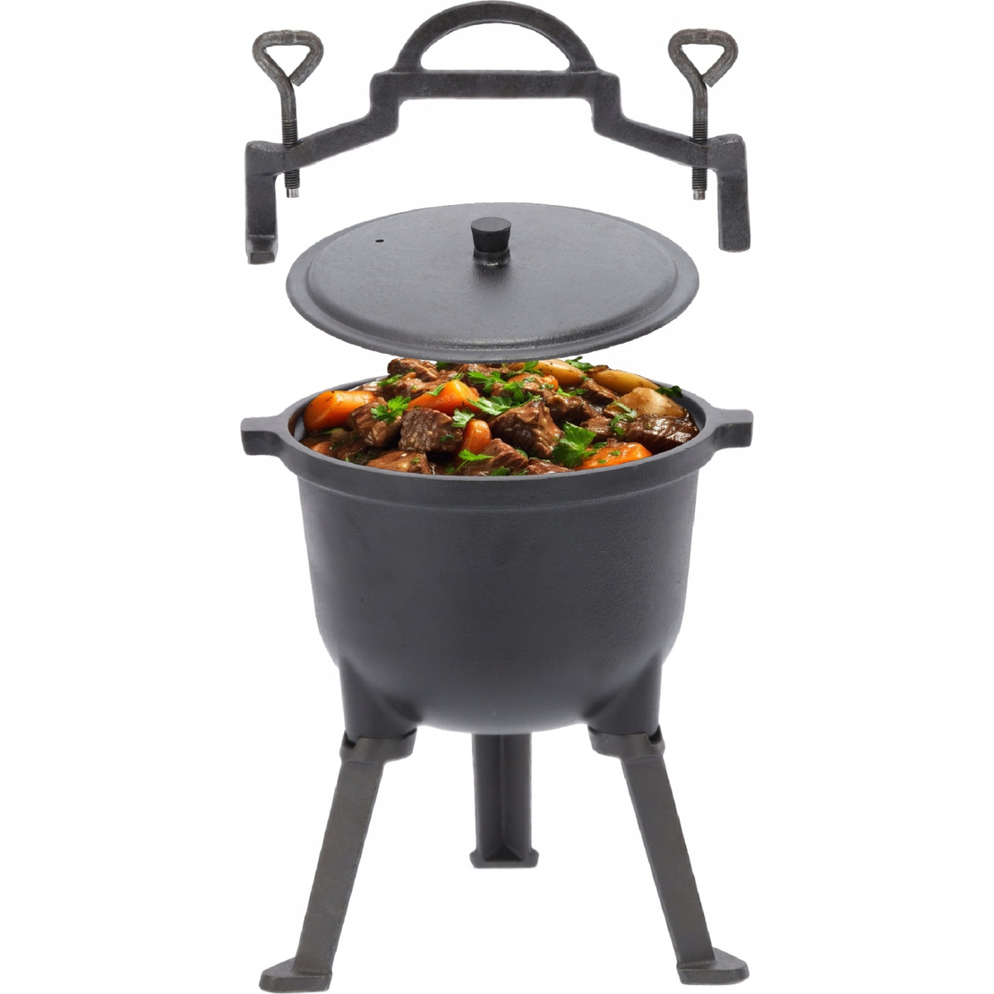 Ceaun vanatoresc din fonta, cu capac si picioare pentru gatit in aer liber, 5L, 25x42 cm, negru