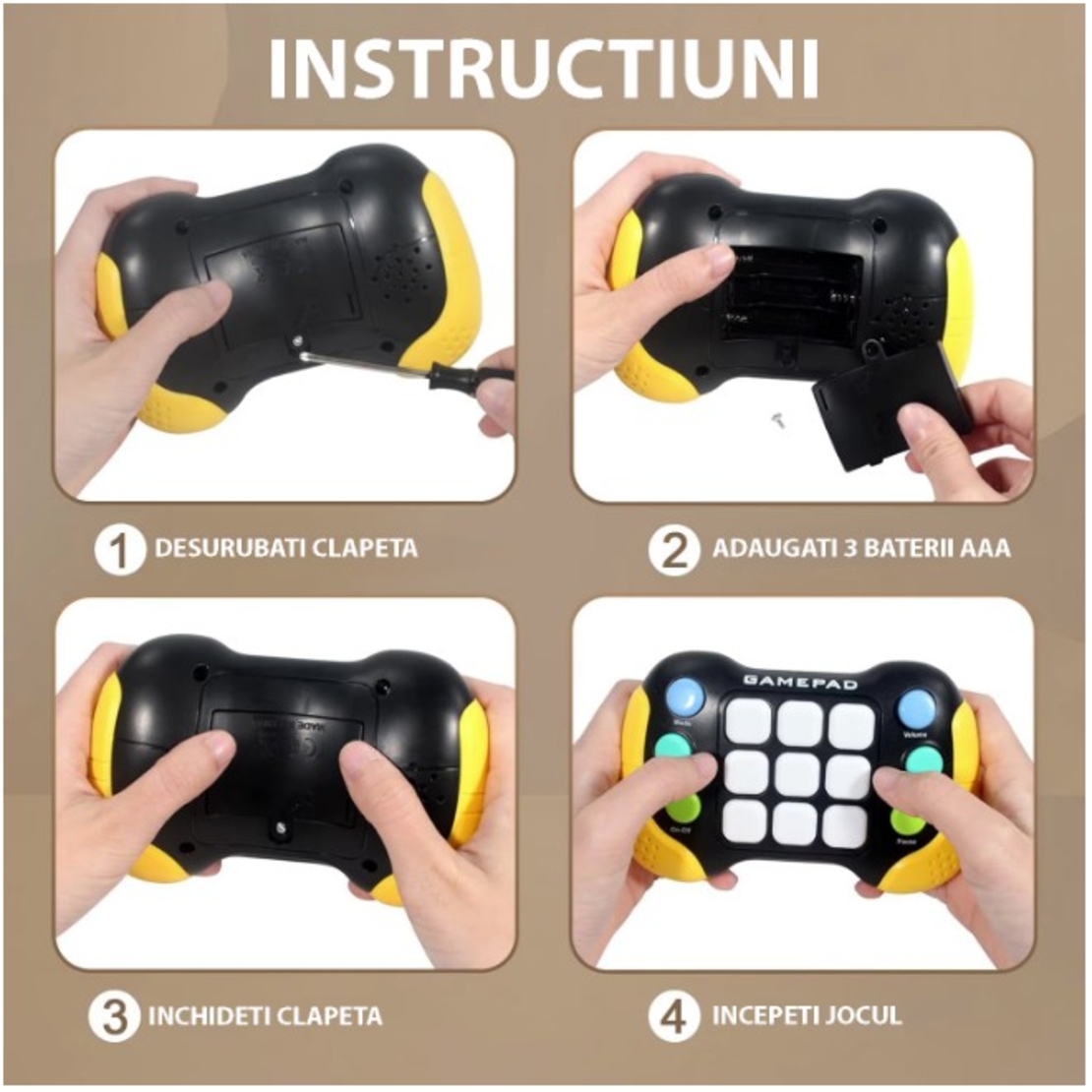 Jucarie Interactiva Flippy, Tip Consola Pop It, 6 butoane functionale, 5 Moduri de Joc, 600 Niveluri, + 3 ani, Galben/Negru