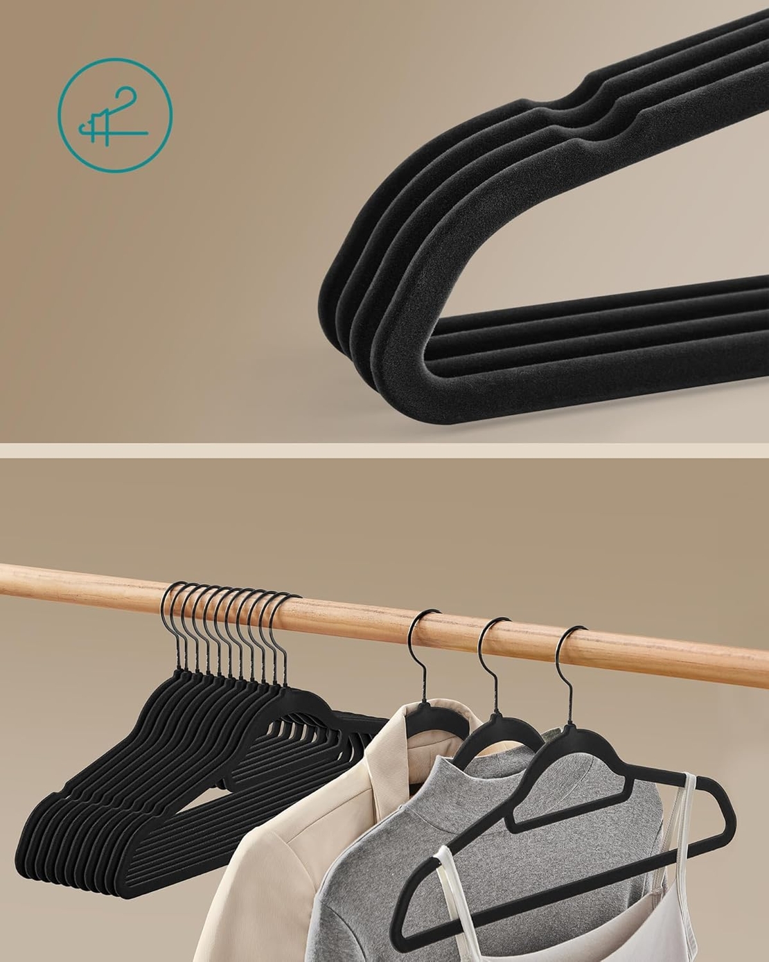 SONGMICS Set de 50 de umerase pentru haine, anti-alunecare cu catifea, bara de cravata si carlig pivotant, 43,5 cm, negru