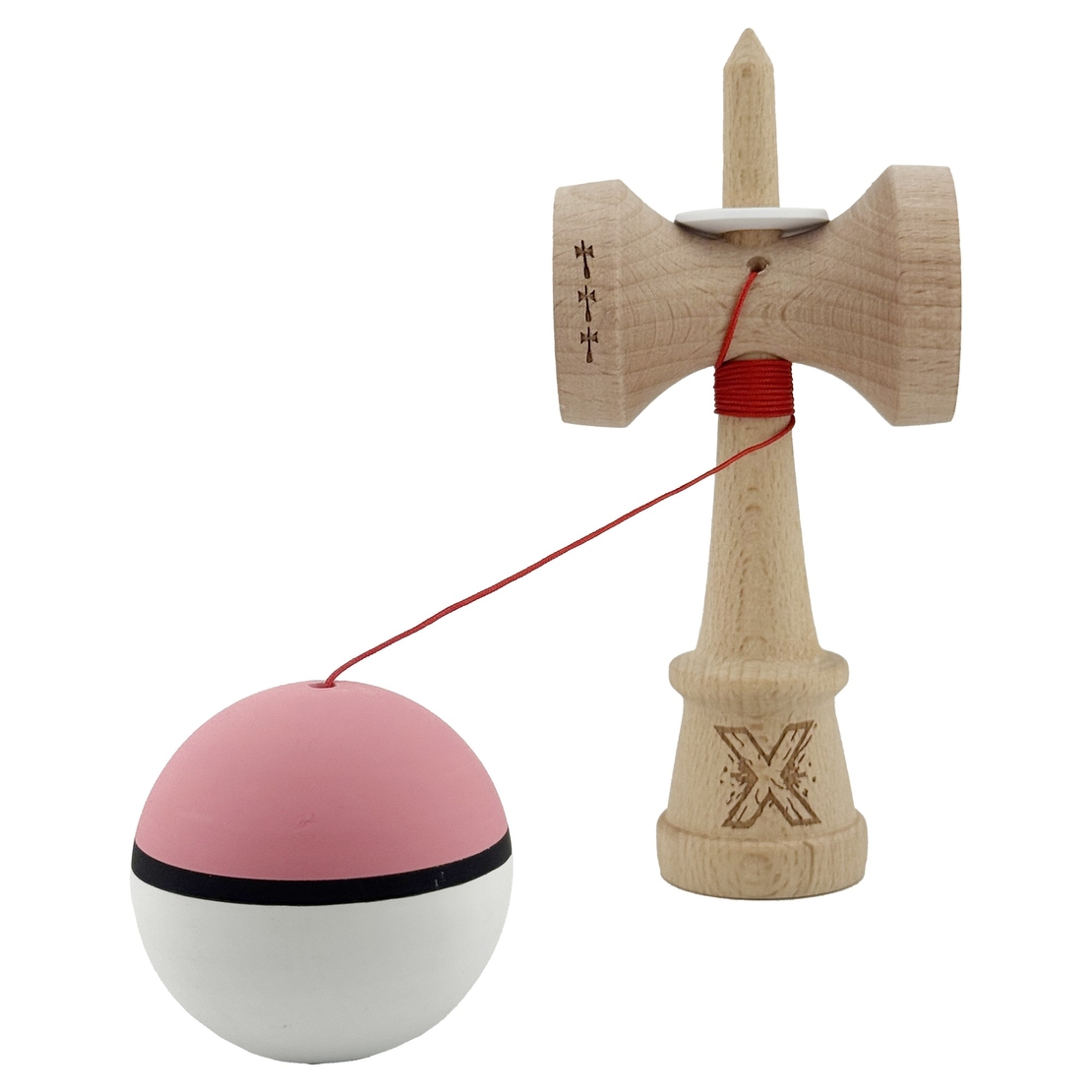 Kendama X Originala, Profesionala, Flippy, Cupe Mari KING SIZE V3, Rubber Grip, Gaura in Baza, Rulment Metalic, din lemn 18 cm, Ata 62/65 cm, S Bicolor Roz/Alb