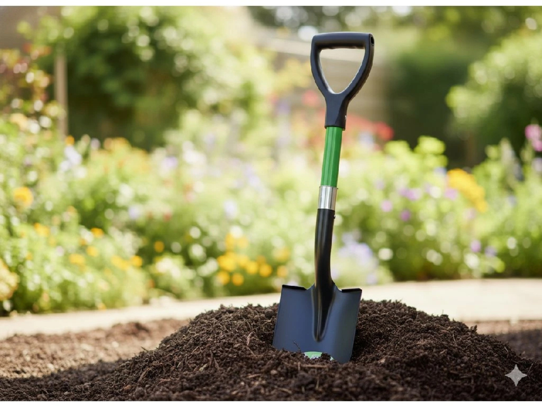 Lopata mini cu lama ascutita, maner fibra de sticla, cap metalic, 68 cm, maner tip D, verde si negru