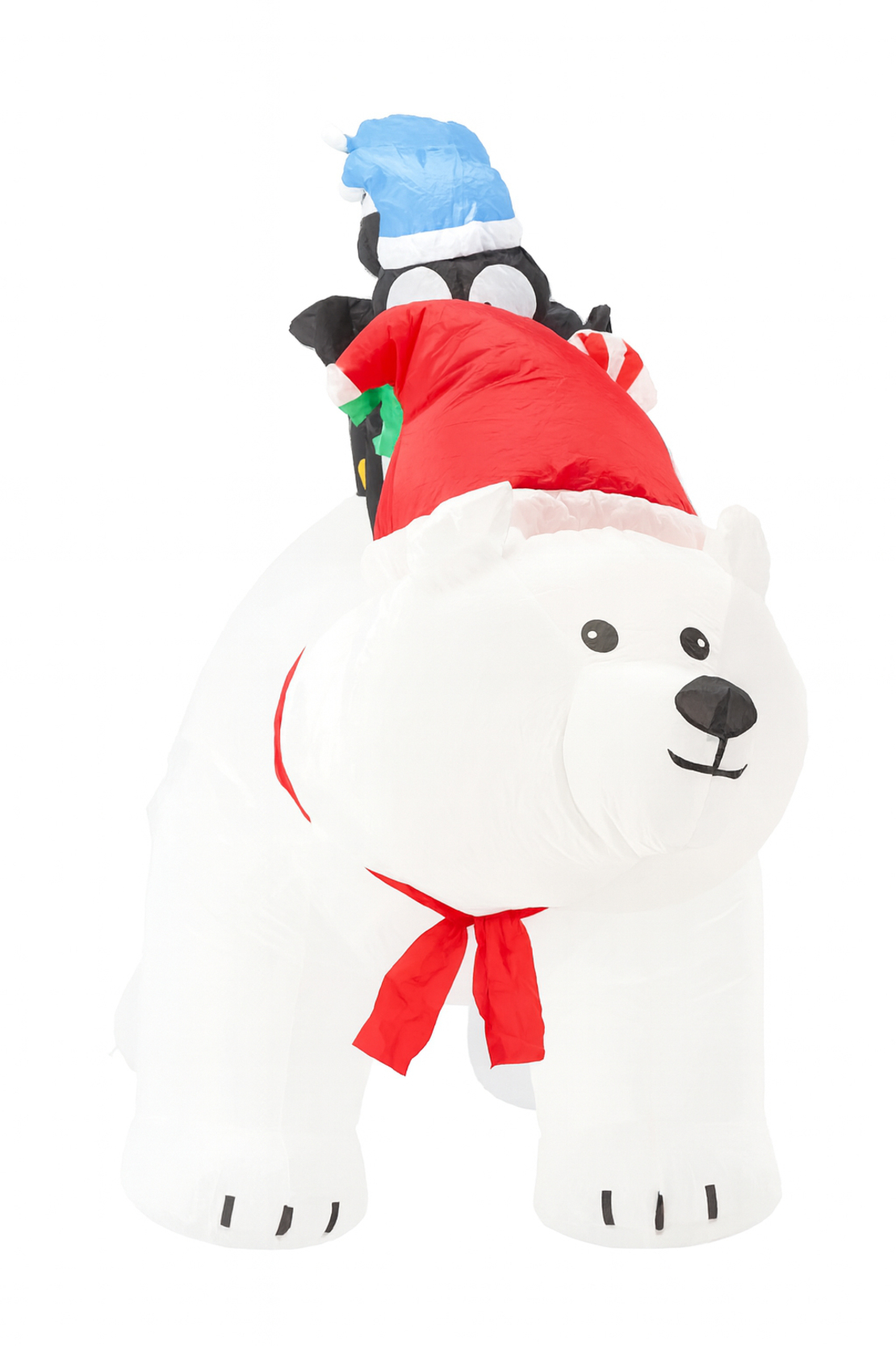 Urs polar gonflabil de exterior, iluminare LED, cu doi pinguini, compresor integrat, 200x120x80 cm, alb