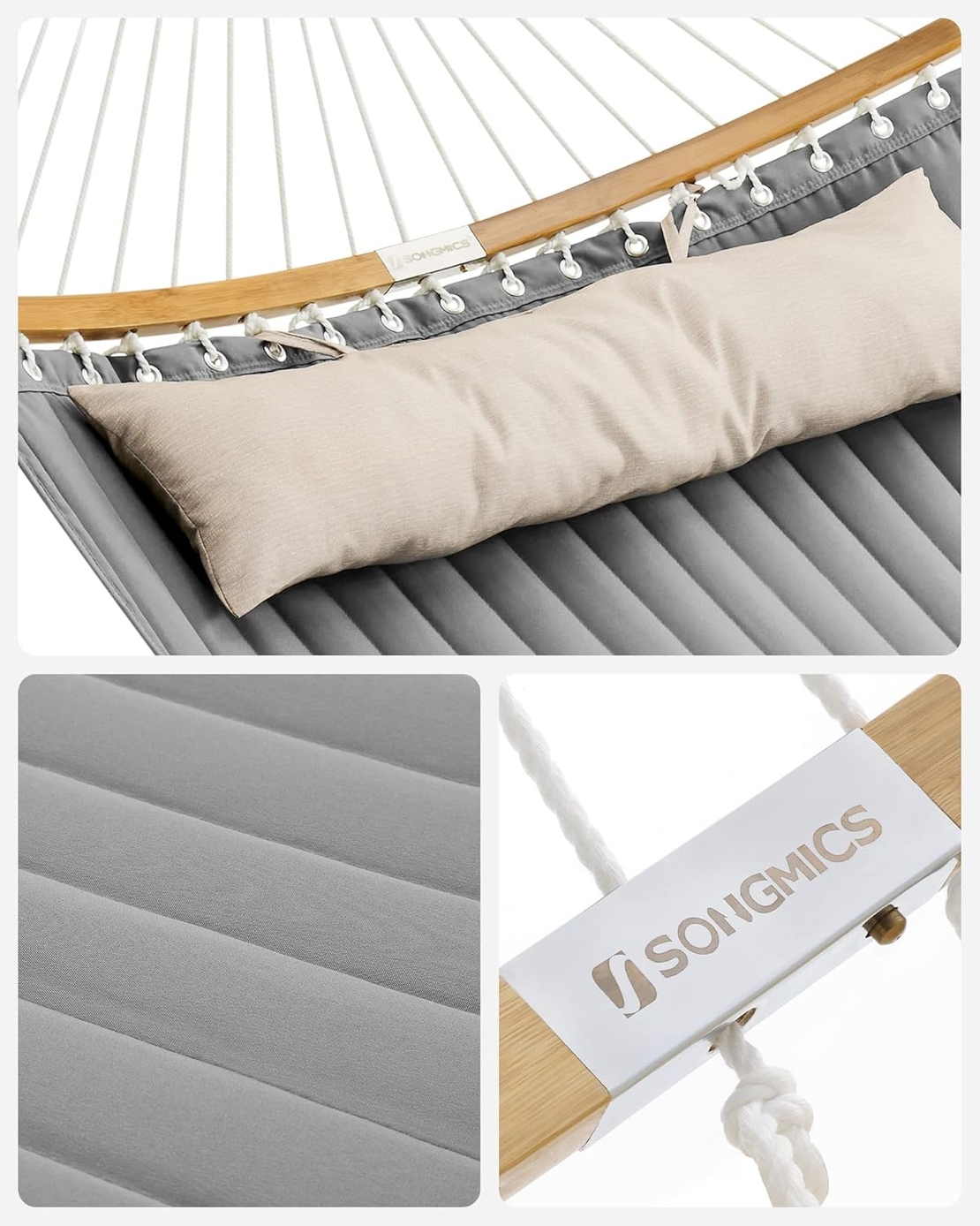 SONGMICS Hamac dublu cu bare curbate din bambus, perna inclusa, maxim 225 kg, 200x140 cm, gri