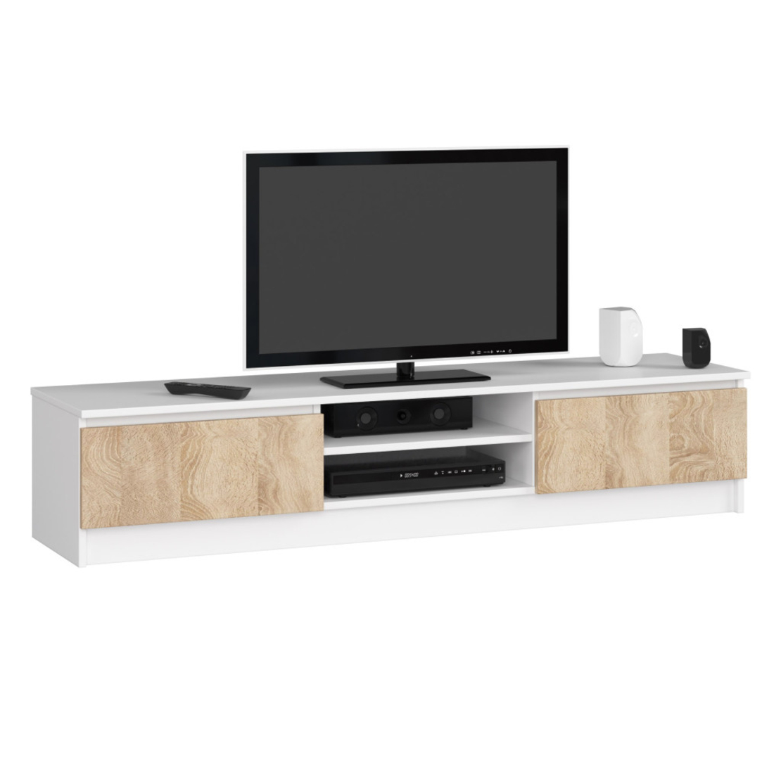 Comoda TV cu 2 usi si rafturi centrale, PAL laminat, 160x40x33 cm, alb si stejar sonoma