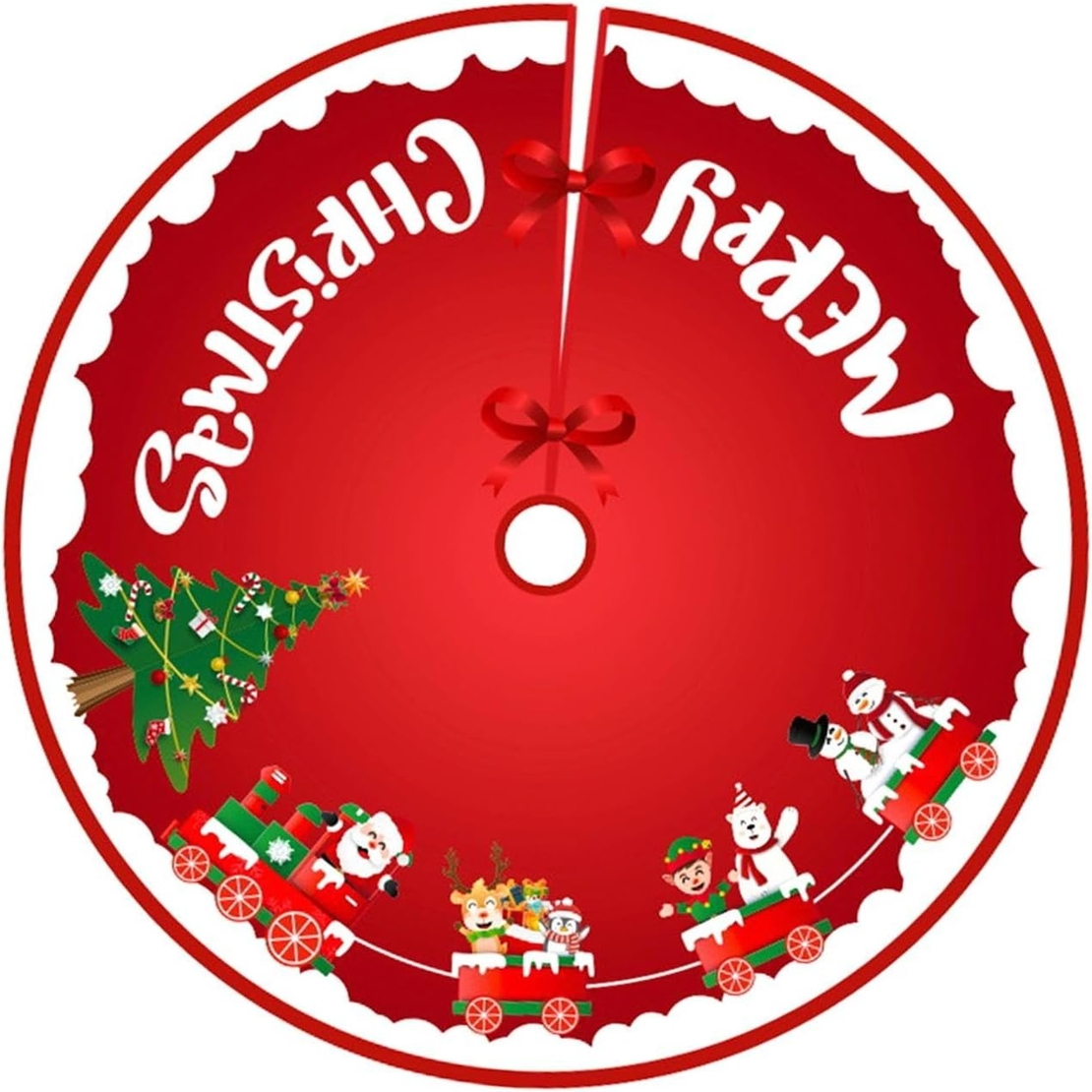 Covoras pentru Bradul de Craciun, Flippy, din Tesatura Pufoasa, cu Fundite de Prindere, Model Sania lui Mos Craciun, Rosu, Diametru 90 cm