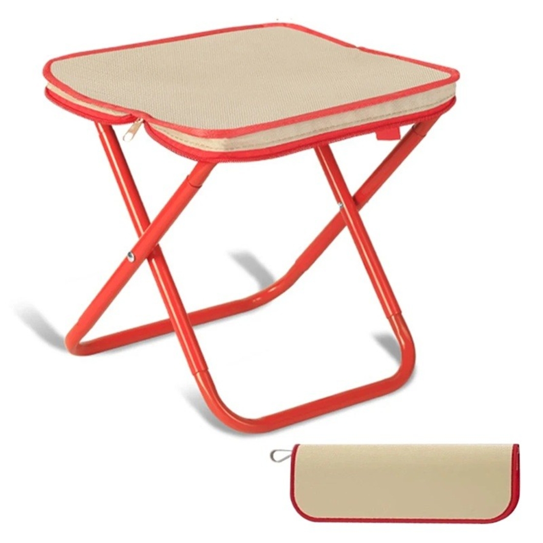 Scaun Pliabil, Vafy, pentru Adulti, Portabil, pentru Camping, Pescuit, din Panza Oxford si Cadru Metalic, 24 x 24 x 28 cm, Rosu/Bej